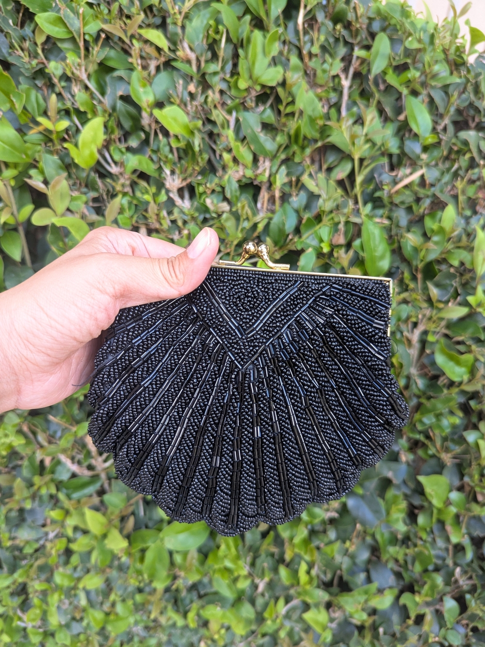 Vintage Walborg Black Beaded Shell Clutch Fan Shaped Handbag